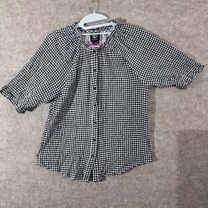 Bobeau Gingham Button Down Blouse Women Medium Black White Flowy Cottagecore
